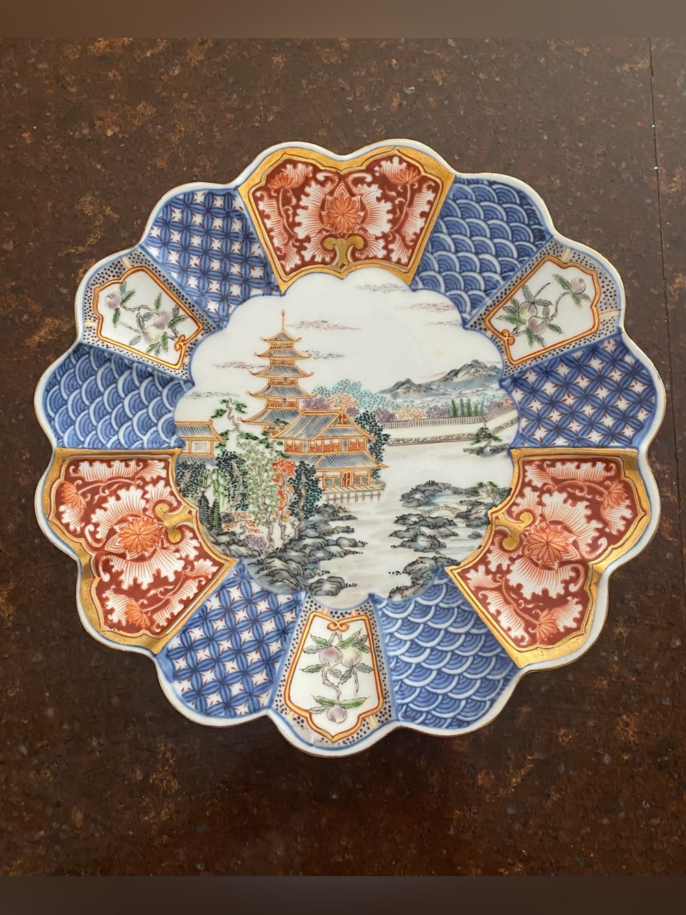 Vintage Decorative Asian Scenic Porcelain plate - Blue, Red, Gold
